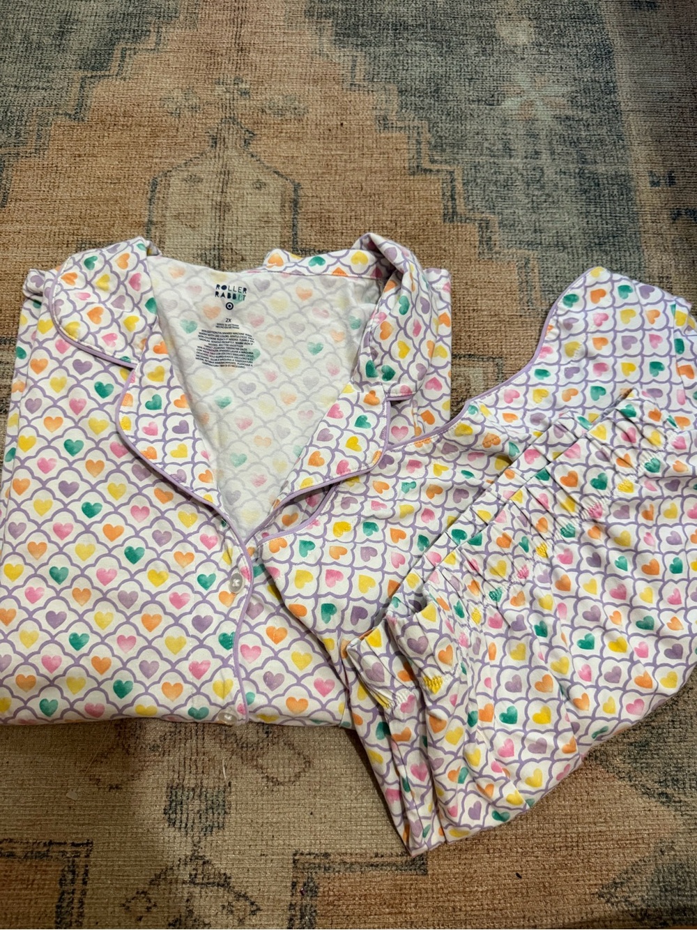 Roller Rabbit Women’s Heart-Print Pajama Set in White with Multi-Color Hearts